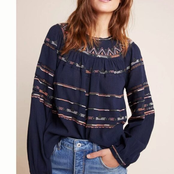 Maeve Tops - MAEVE by Anthropologie Harmony Boho Navy Blue Long Sleeve Blouse XS